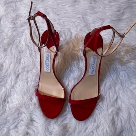 Jimmy Choo 'Minny'  Paten  Leather Ankle Strap Sandals Red - Picture 1 of 6